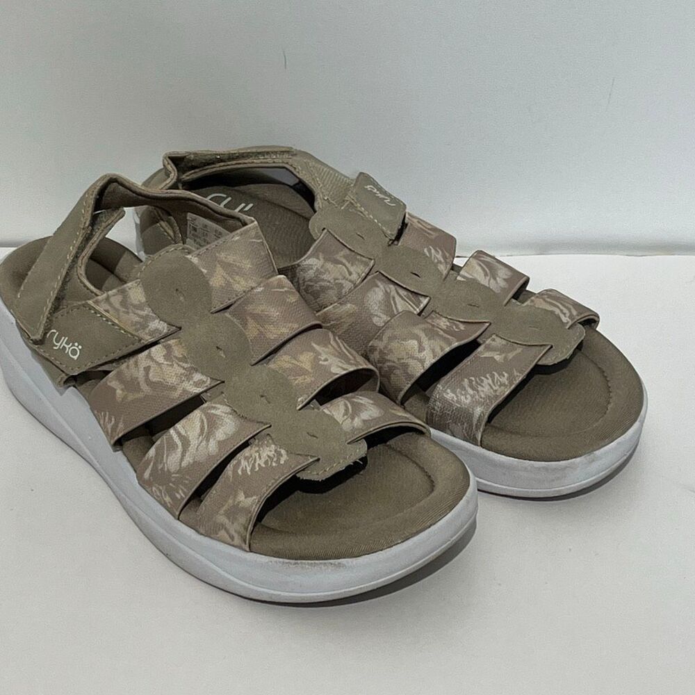 Ryka Women's Taupe Peony Floral Aloha Multi-Strap‎ Wedge Sports Sandals Size 7.5